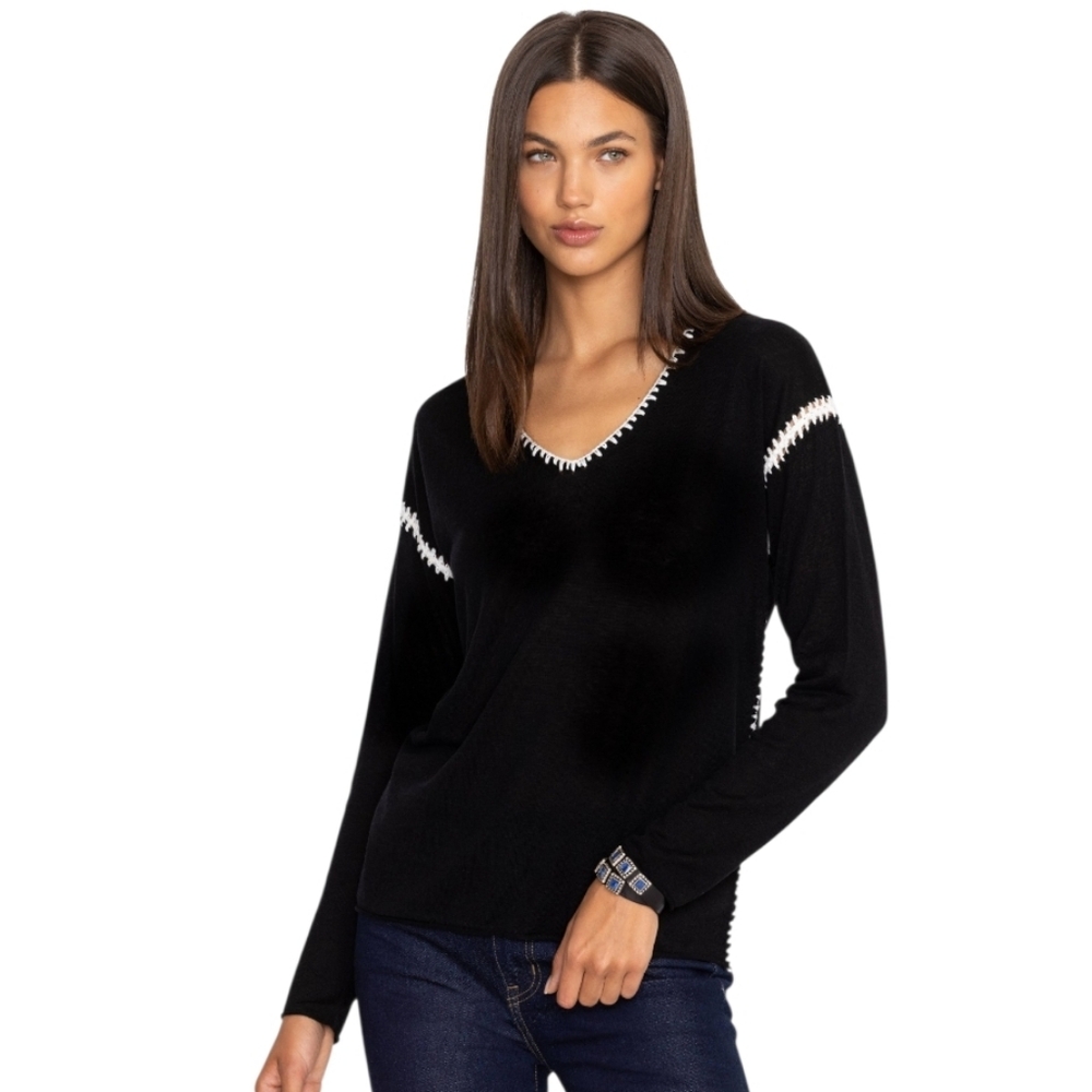 NWT JOHNNY WAS V- NECK LIGHTWEIGHT CLASSIC WHIPSTITCH CHENILLE PULLOVER BLACK M